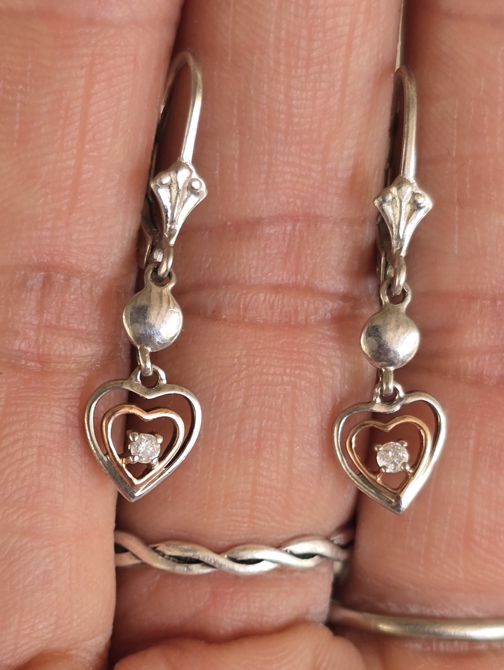 Designer 14K gold 925 sterling silver genuine diamond double hearts earrings